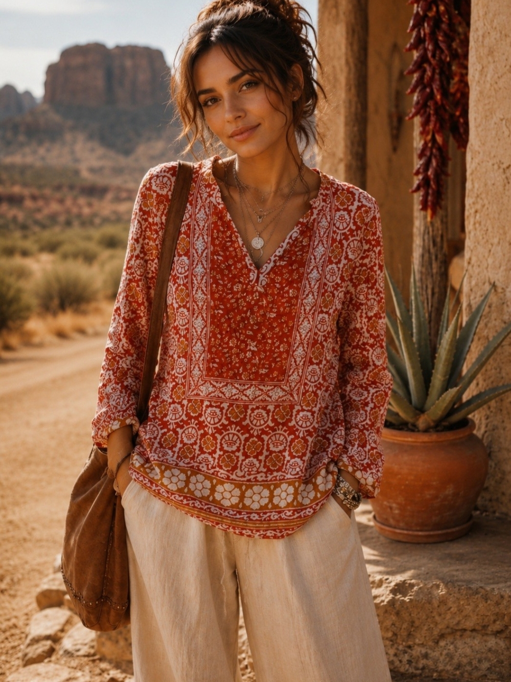 Lucky Brand Bohemian Medallion Print Top | Boho Peasant Western Tunic - Picture 1 of 9